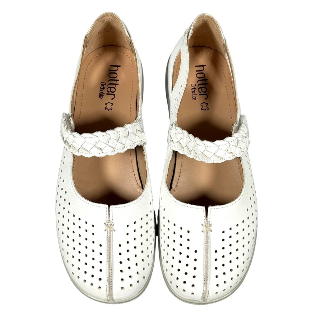 Hotter Quake II White Leather Braided Mary Jane Flats US 9 EEE Wide England